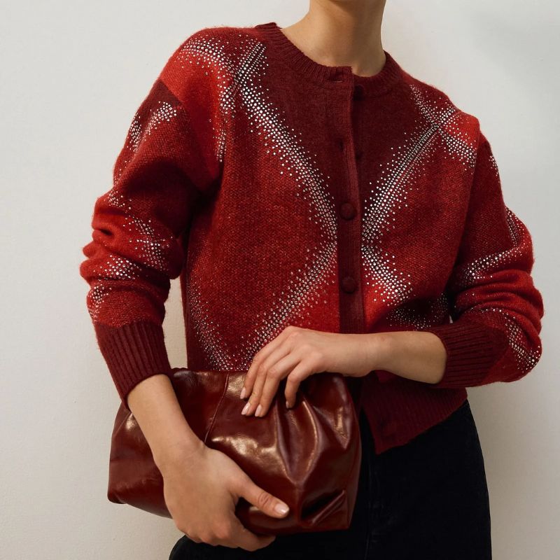 Red Sparkle Argyle Crew Neck Cardigan With Wool on model 