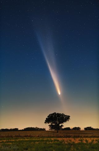 a bright blue streak of light through a starry night sky