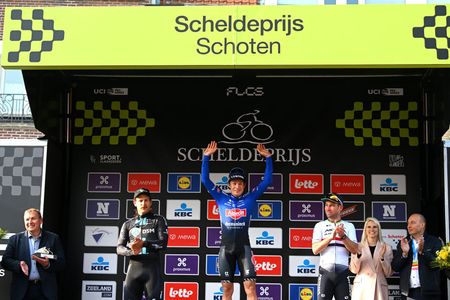 SCHOTEN BELGIUM APRIL 05 LR Sam Welsford of Australia and Team DSM on second place race winnerJasper Philipsen of Belgium and Team AlpecinDeceuninck and Mark Cavendish of The United Kingdom and Astana Qazaqstan Team on third place pose on the podium ceremony after the 111th Scheldeprijs 2023 Mens Elite a 2053km one day race from Terneuzen to Schoten on April 05 2023 in Schoten Belgium Photo by Luc ClaessenGetty Images