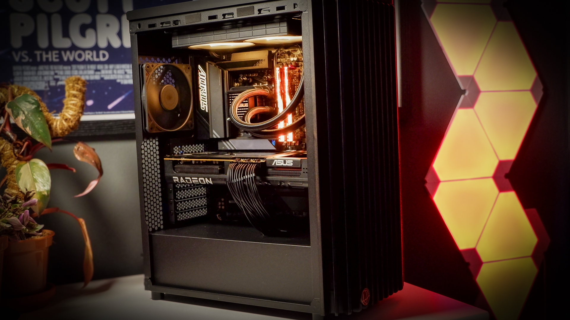 A gaming PC in the process of being built, using Radeon and Ryzen components and an Asus Pro Art PA401 PC case.