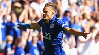 Jamie Vardy celebrates after scoring for Leicester City against Manchester United in the Community Shield in 2016.