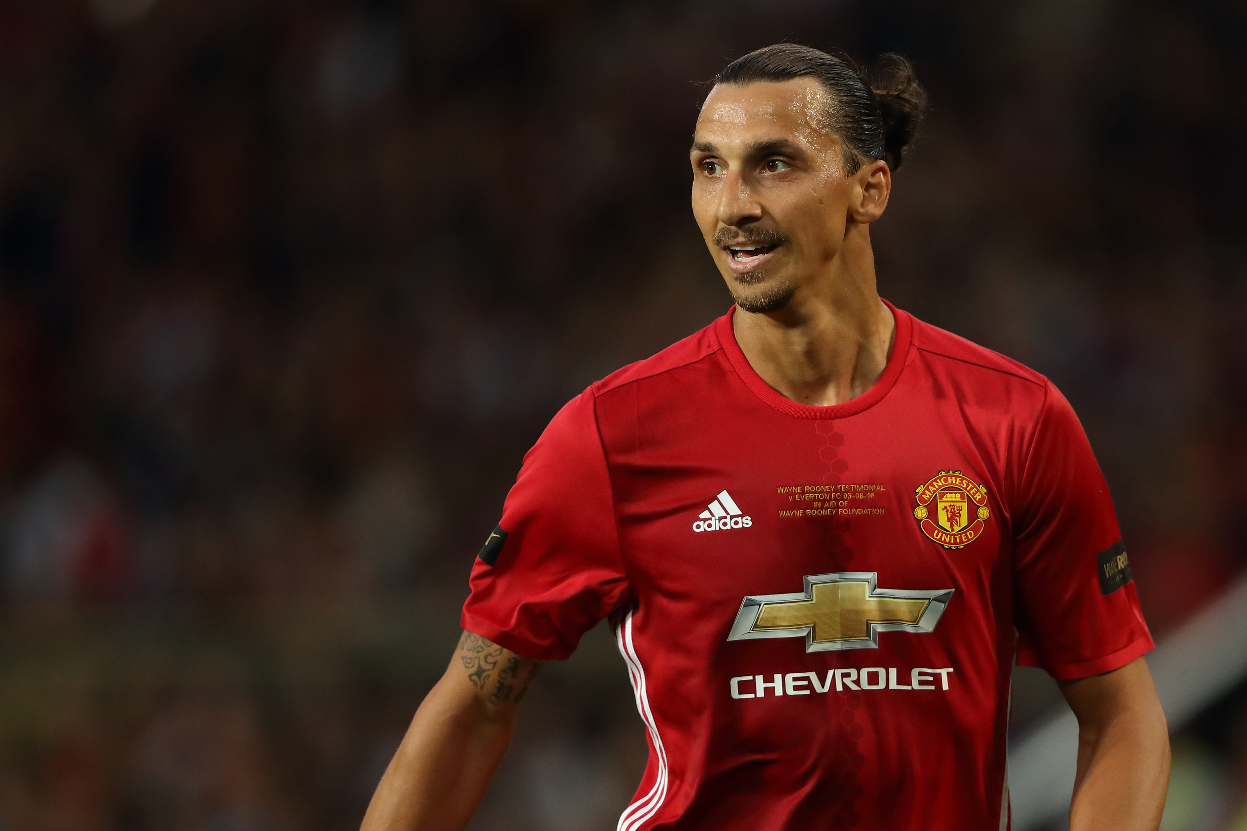 Zlatan Ibrahimovic in action for Manchester United in Wayne Rooney's testimonial match in August 2016.