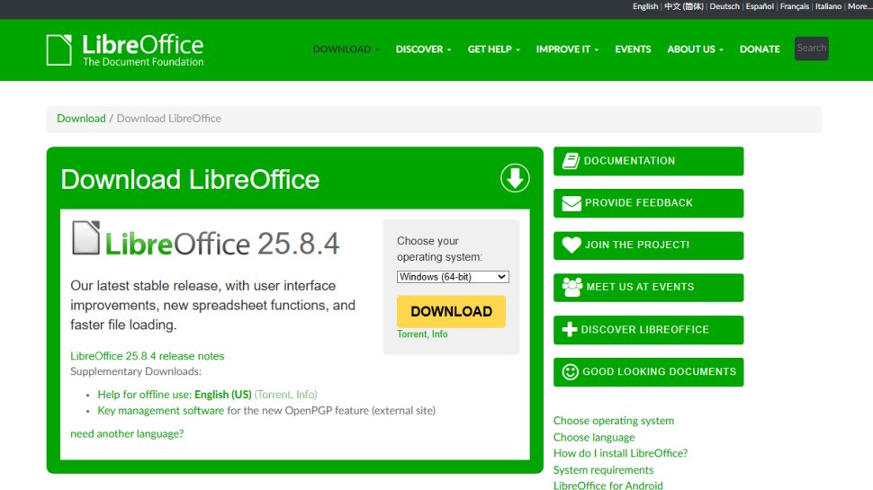 Website screenshot of LibreOffice (January, 2026)