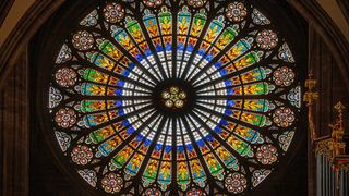 The rose window in the narthex, Strasbourg Cathedral, Strasbourg, Alsace, France.