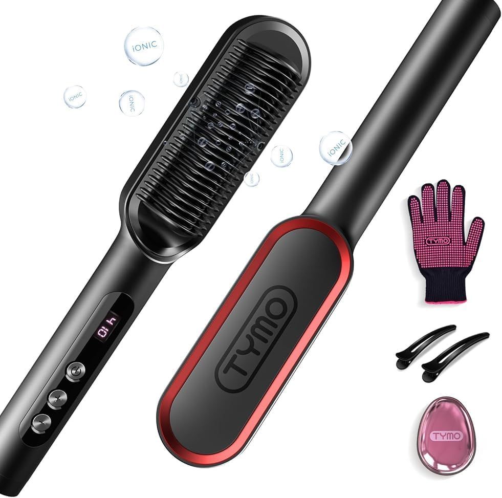 Tymo Ring Plus Ionic Hair Straightener Brush - Straightening Comb With Negative Ions for Women, Titanium Coating, 9 Temp Settings & Led Display, Dual Voltage, Professional Styling Tools