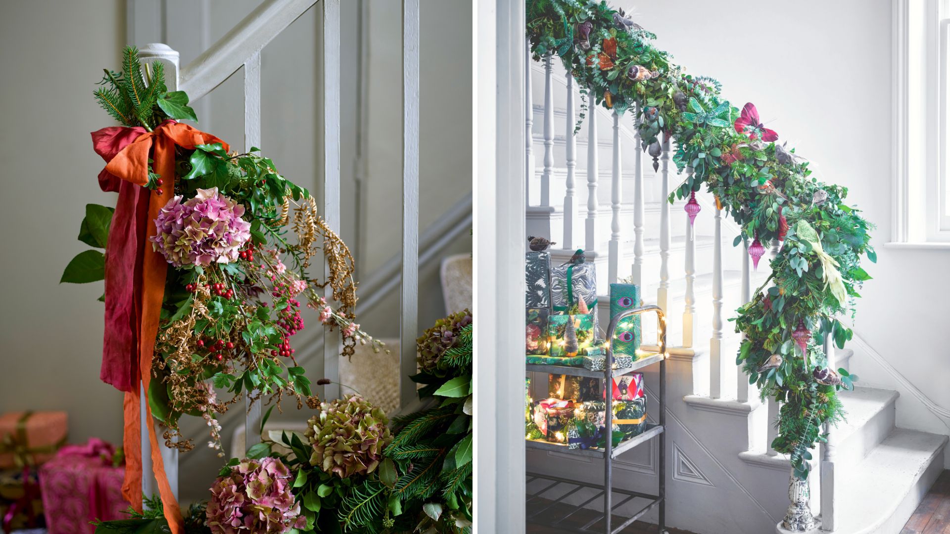 Split image of two staircases decorated for Christmas with foliage and garlands