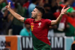 Gonçalo Ramos celebrates his third goal for Portugal against Switzerland in the last 16 of the 2022 World Cup.