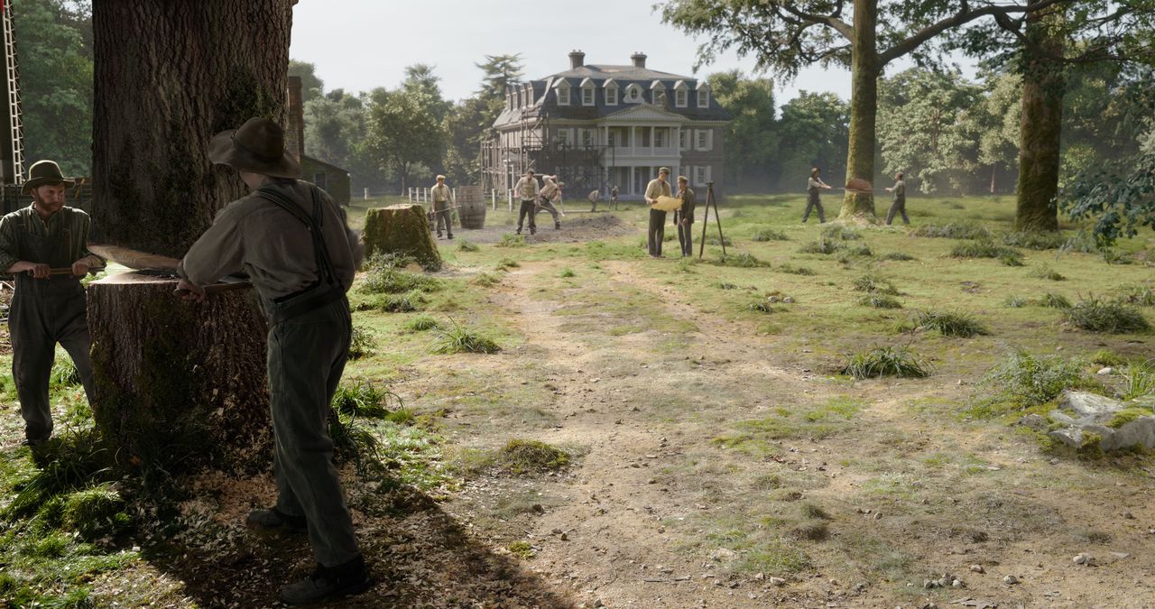 Making the VFX of Here; a scene is designed and rendered of a house in a wood, the trees are cut down