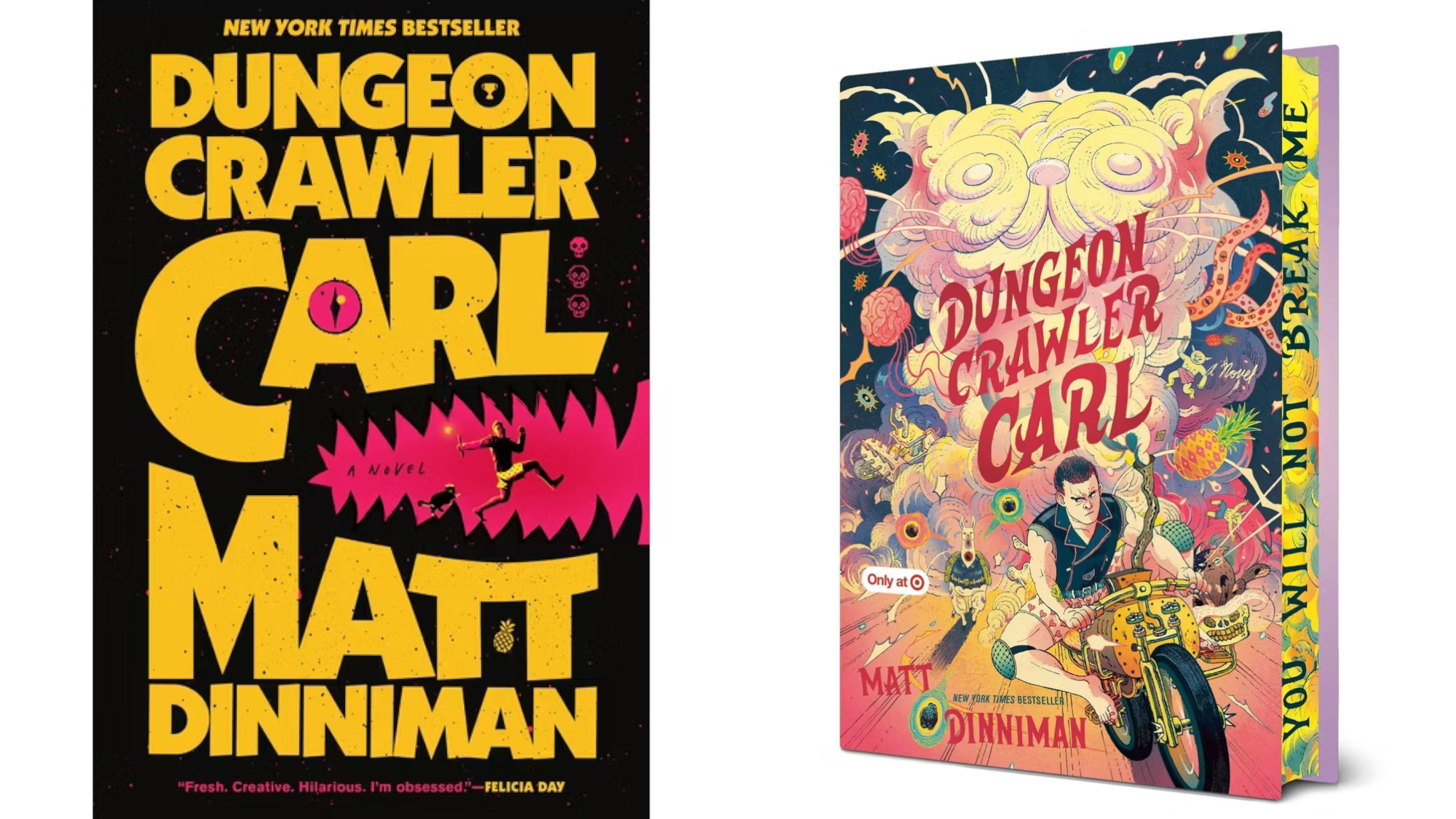 Standard Dungeon Crawler Carl hardcover book next to Target Exclusive Dungeon Crawler Carl DLX Edition book turned sideways to show sprayed edges. 