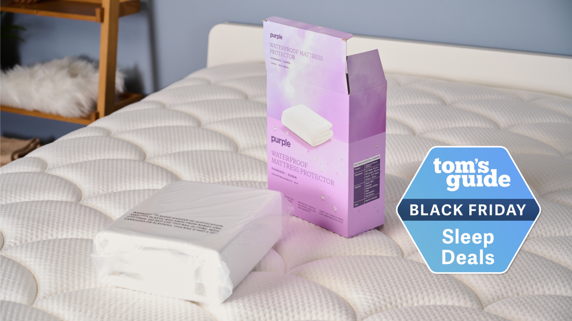 Purple Waterproof Mattress Protector out of the package kept on the bed in TG Sleep Studio with TG Black Friday Sleep Deals badge on the right