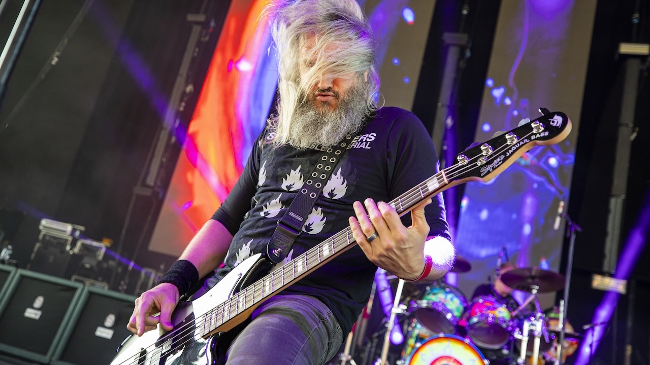 Troy Sanders of Mastadon performs at Michigan Lottery Amphitheatre at Freedom Hill on June 11, 2019 in Sterling Heights, Michigan. 