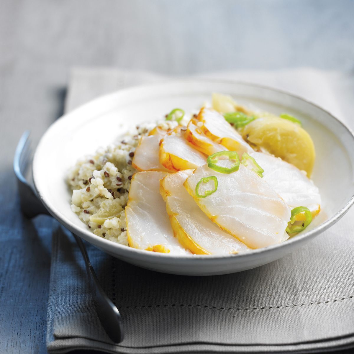 Lime and Lemon Smoked Haddock Carpaccio with Quinoa, Couscous and