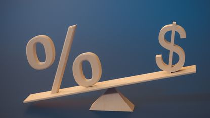 Percent sign on the swing outweighs the dollar symbol. 3D rendering. Finance concept
