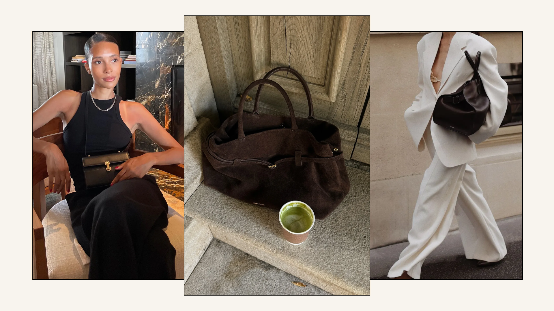 A collage of the best quiet luxury bags, including Manu Atelier Le Cambon 35 and The Row Margaux.