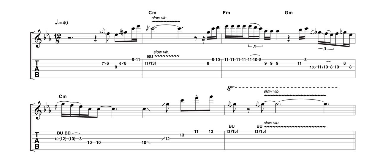 Using the neck pickup and minimal distortion, this phrase features a 'pick-up' bar, before the held, slow vibrato of the first note 'proper'. Treat the notation as a guide for the timing, but allow certain phrases to lag behind or race ahead of the beat as you deem appropriate.