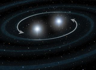 In this illustration, two ultradense neutron stars circle one another, slowly coming together in the first step toward a cosmic collision that can create a kilonova gamma-ray burst.