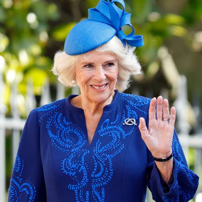 Queen Camilla wears a royal blue dress and matching hat while King Charles wears a blue suit