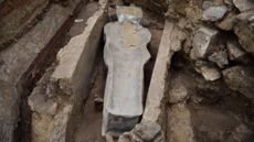 A 14th-century lead sarcophagus unearthed at Notre Dame Cathedral, in Paris. Photographed on March 15, 2022.