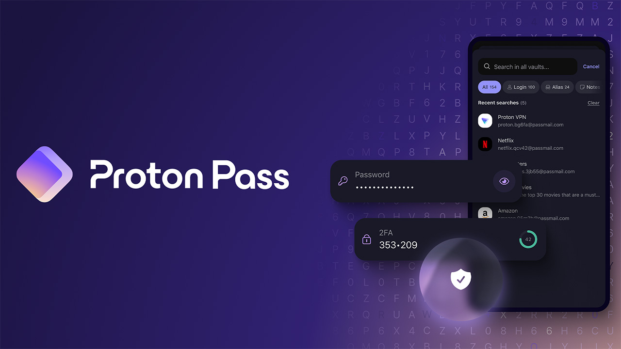 Proton Pass graphic displaying its app UI and 2FA