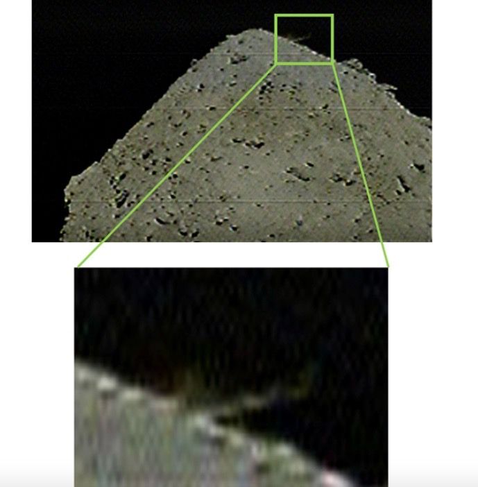 This image captured by Hayabusa2&#039;s DCAM3 camera, which deployed from the spacecraft, shows ejection from the asteroid Ryugu&#039;s surface was caused by the collision of an impactor. Photo taken at 10:36 p.m. EDT on April 4, 2019 (0236 GMT on April 5).