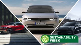 A Tesla, Hyundai and Nissan EV driving on the road