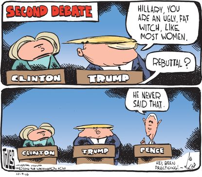 Political cartoon U.S. 2016 election Hillary Clinton Donald Trump Mike Pence second debate