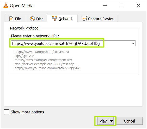 Paste the URL into the network URL box