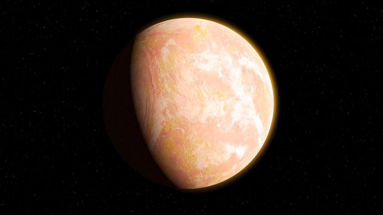 An illustration of a hot, orange looking Earth floating in the darkness of space