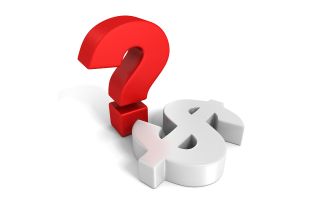 Red question mark and white dollar currency symbol. 3d render illustration