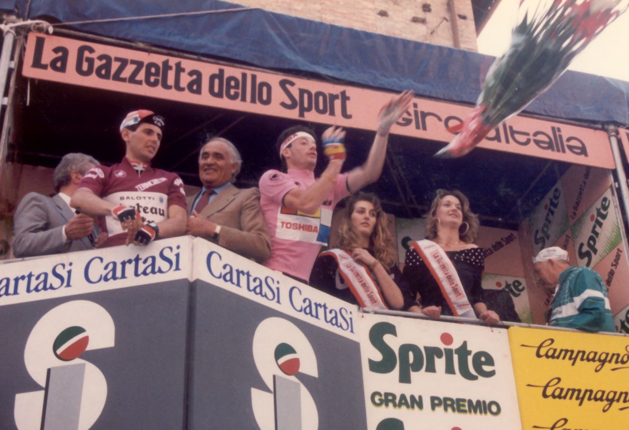 Jean-Francois Bernard in pink after winning the 1998 opening ITT in Urbino