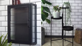Bathroom with white metro tiles with matt black wall cabinet and three-tiered plant stand to showcase Japandi bathroom accessories