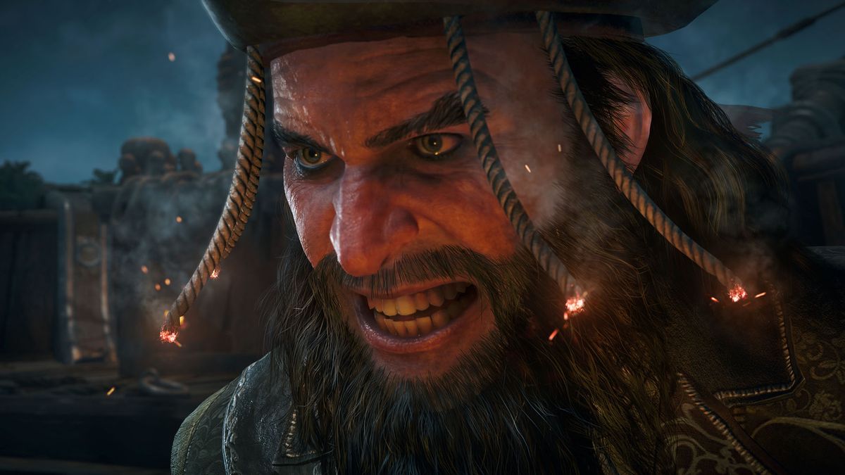 A closeup of Blackbeard with his rope hair on fire in Assassin's Creed Black Flag Resynced