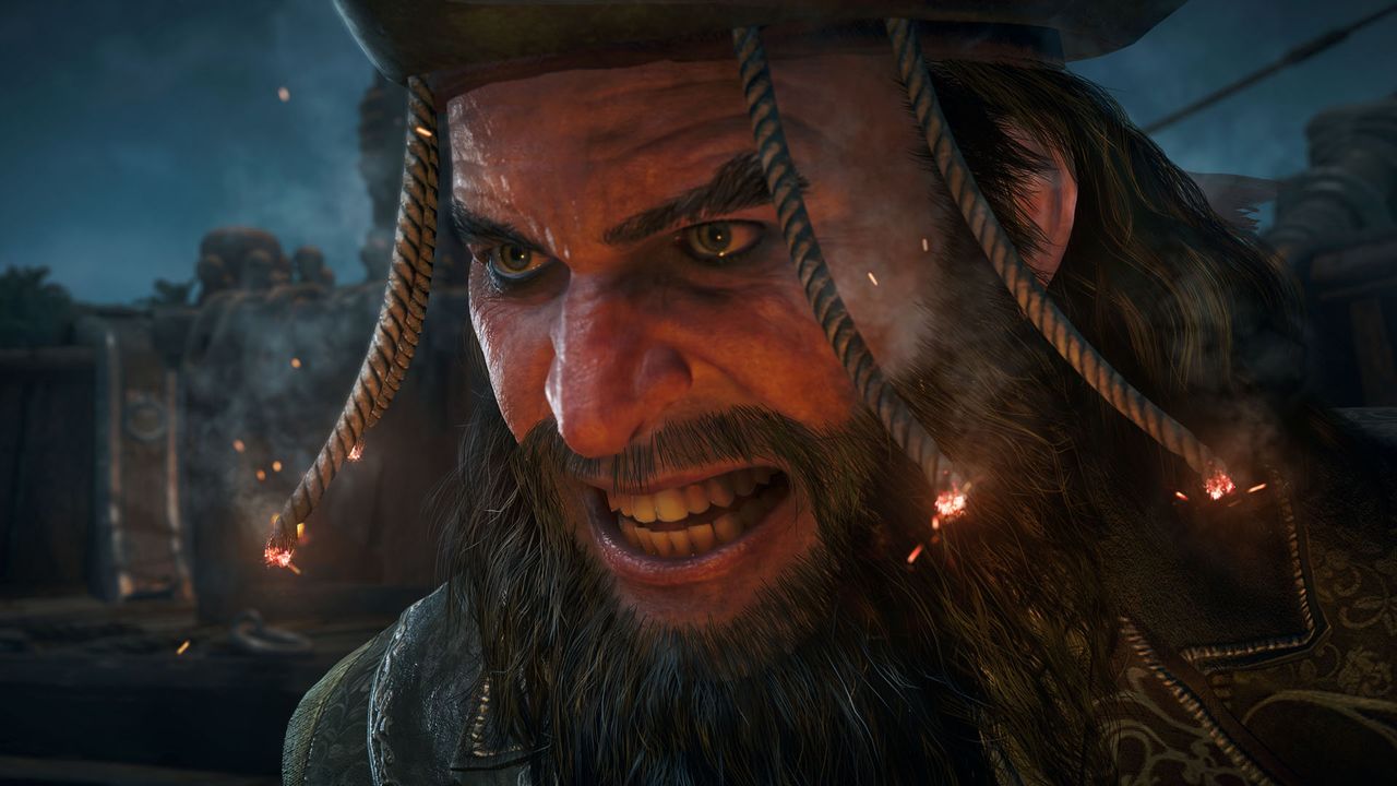 A closeup of Blackbeard with his rope hair on fire in Assassin's Creed Black Flag Resynced