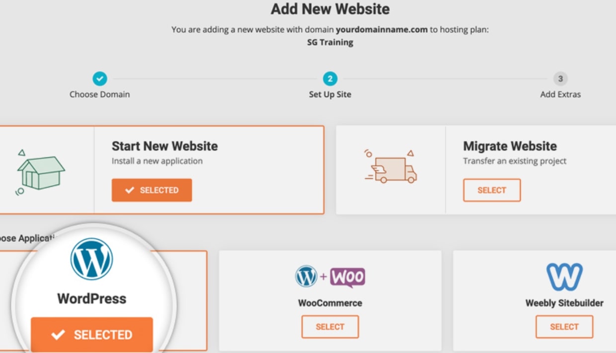 Page d'options de SiteGround pour choisir une installation de serveur WordPress