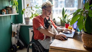 Man in wheelchair working with his dog on his lap
