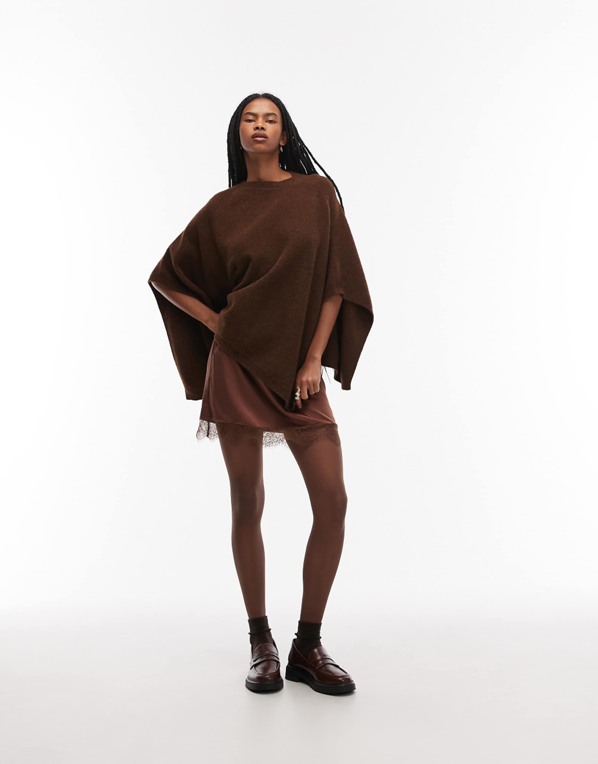 Asos Design Knitted Longline Poncho in Chocolate Brown