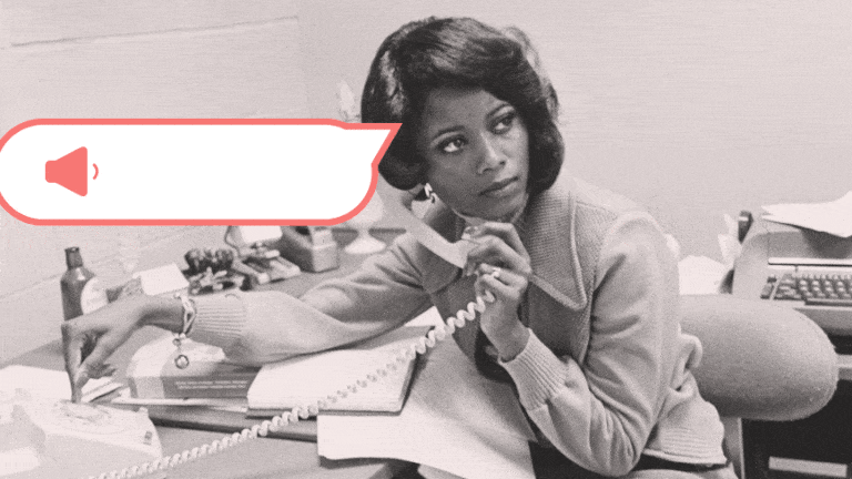 Vintage image of black woman in office with Adele lyrics