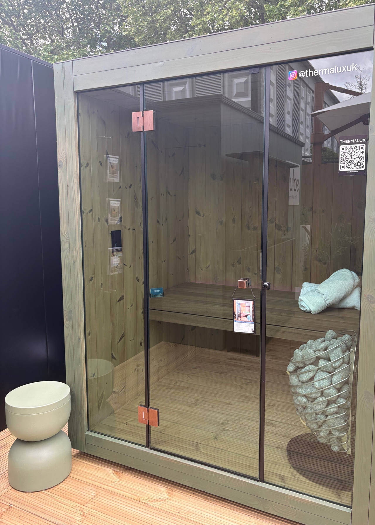 An outdoor sauna room by Thermalux at the Chelsea Flower Show 2026