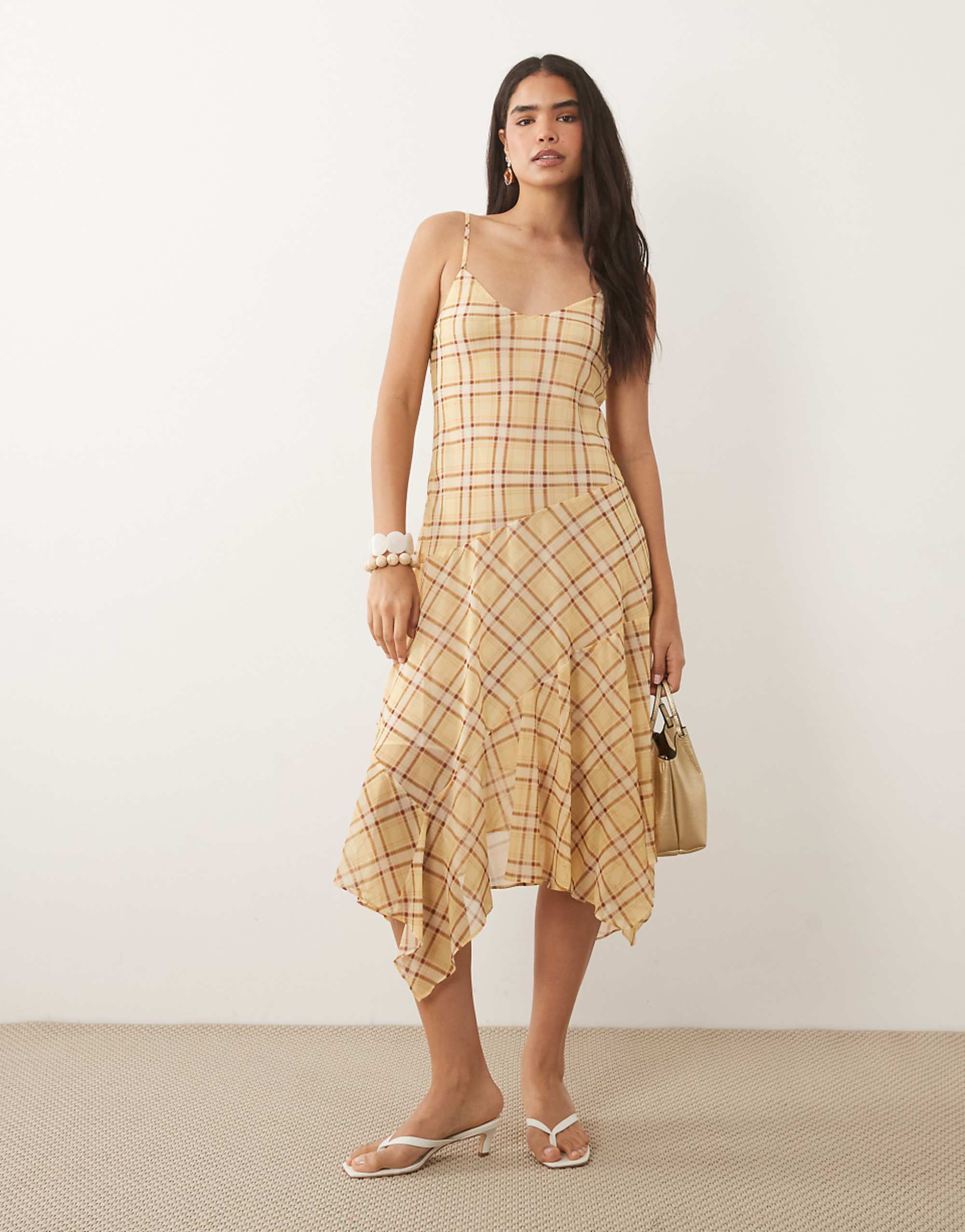 Mango Hanky Hem Strappy Maxi Dress in Yellow Check Print