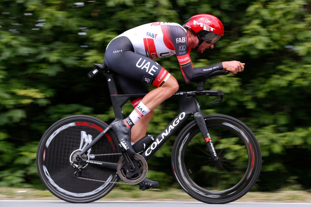 ROCHELAMOLIERE FRANCE JUNE 02 Brandon Mcnulty of United States and UAE Team Emirates during the 73rd Critrium du Dauphin 2021 Stage 4 a 164km Individual Time Trial stage from Firminy to RochelaMolire 585m ITT UCIworldtour Dauphin dauphine on June 02 2021 in RochelaMoliere France Photo by Bas CzerwinskiGetty Images