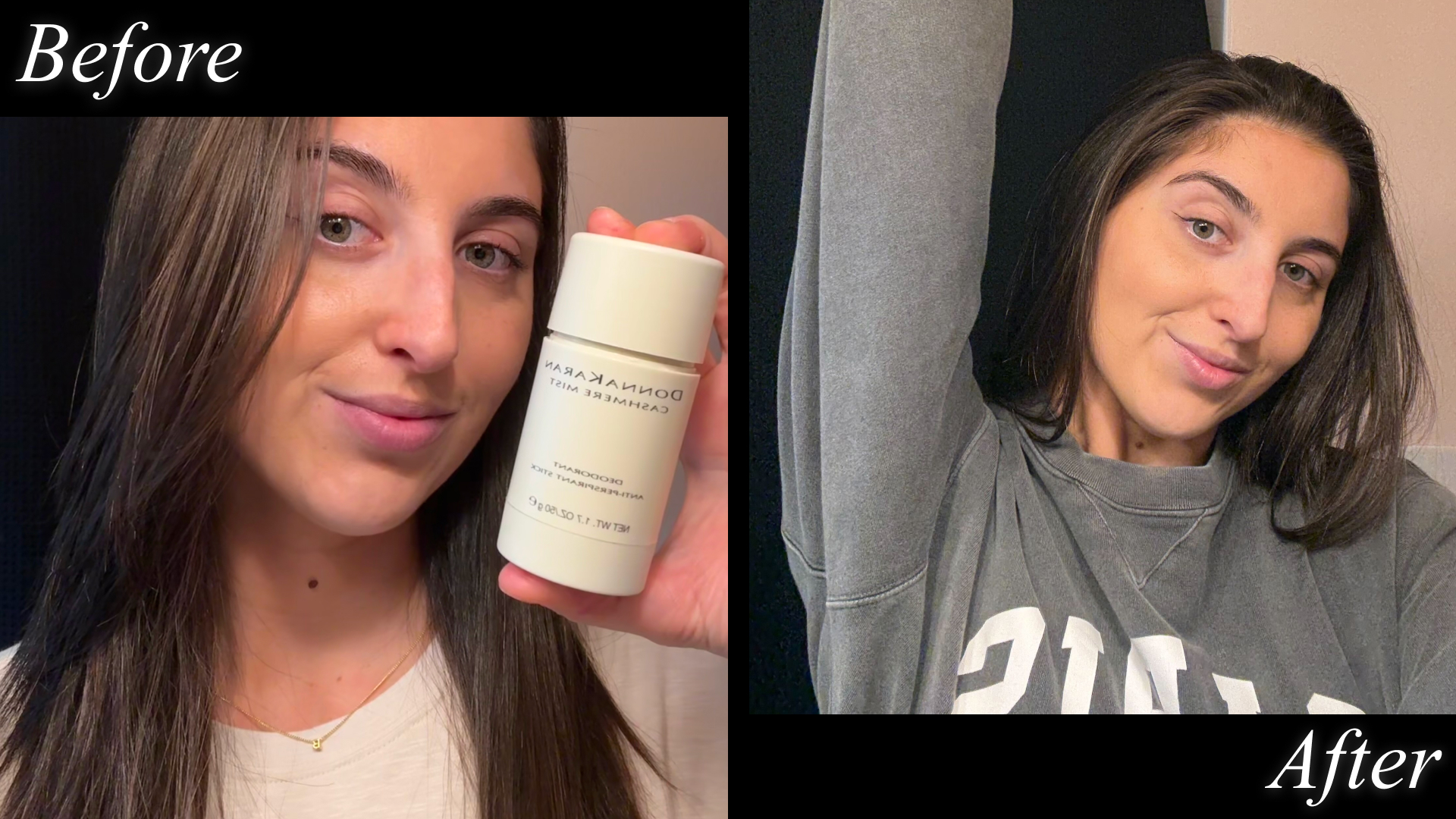 Marisa Petrarca shows off her beloved Donna Karan Cashmere Mist deodorant in a before and after.