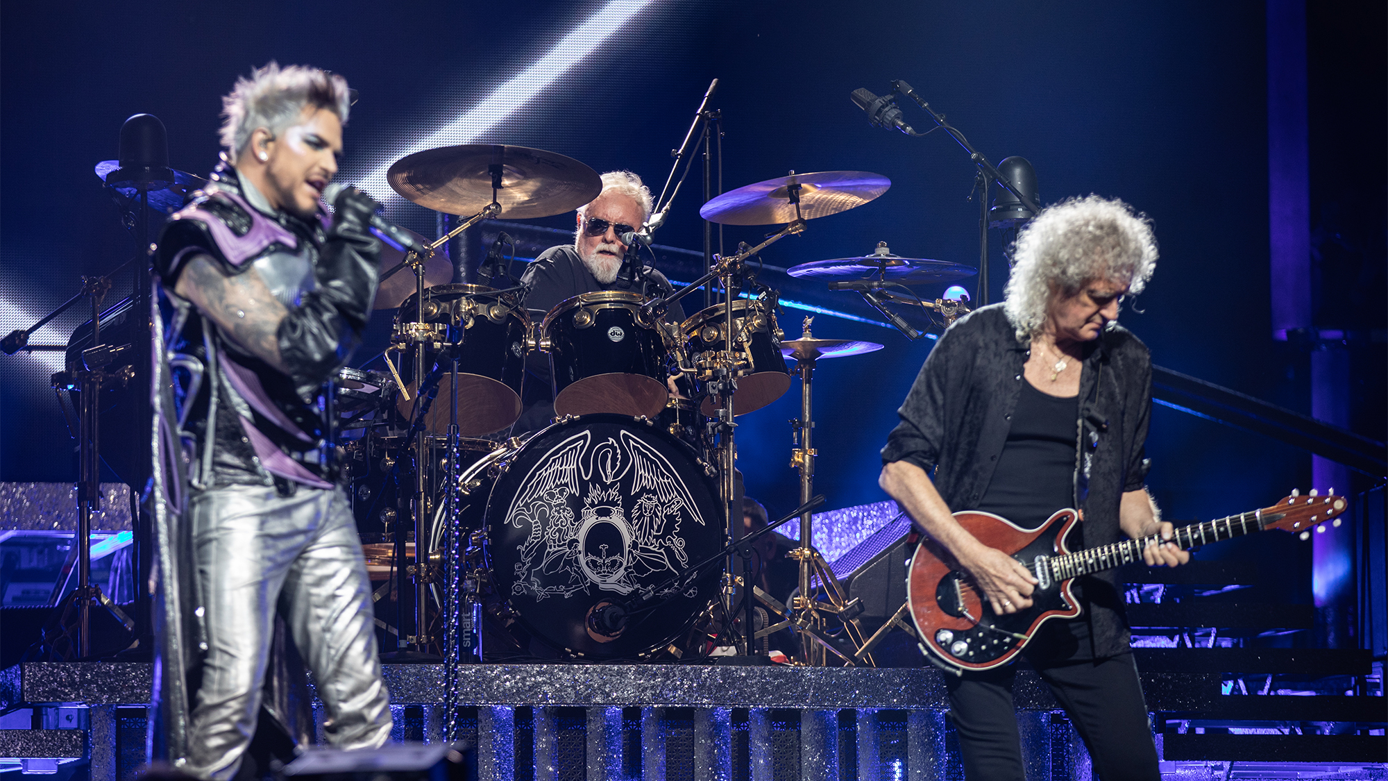 Adam Lambert performs with Roger Taylor and Brian May of Queen at Chase Center on November 08, 2023 in San Francisco, California.