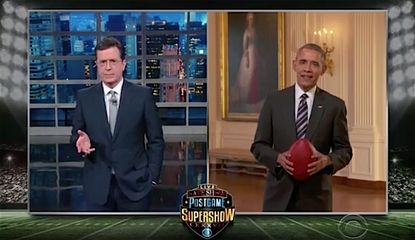 Stephen Colbert celebrates the Super Bowl with President Obama