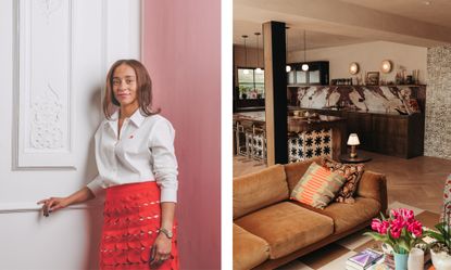 Woman standing on left and image of kitchen and sofa area on right with warm colours and bold pattern
