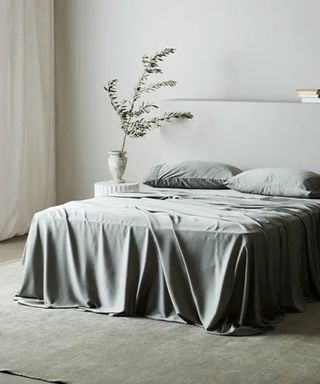 Gray sheets on a gray bed frame beside a nightstand topped with a potted plant against gray walls.