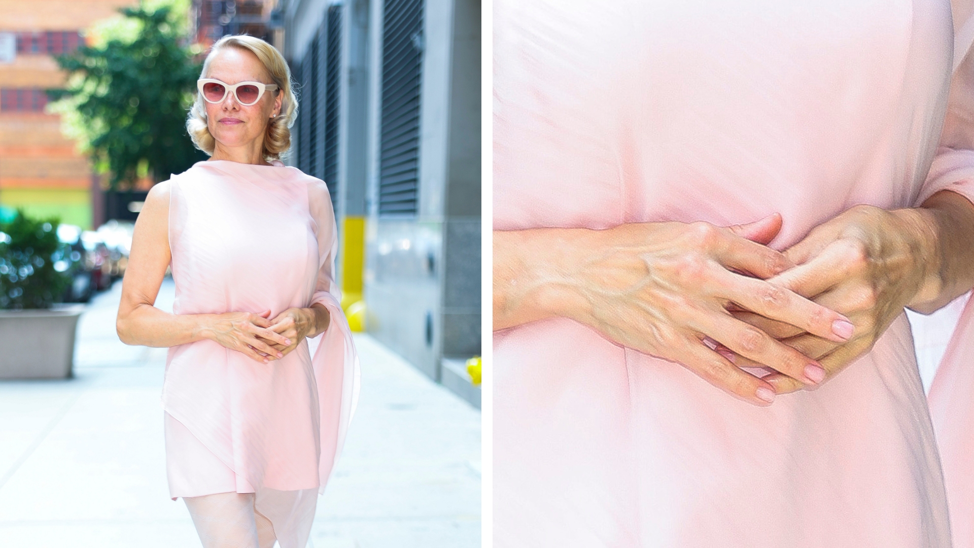 On the left, Pamela Anderson is seen wearing a pink dress and white sunglasses, as well as having a baby-pink manicure on her nails, whilst in SoHo on July 29, 2025, in New York City. And on the right is a close-up of the same picture showing Anderson's pink nails in detail.