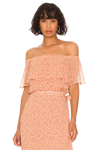 off the shoulder patterned top in peach