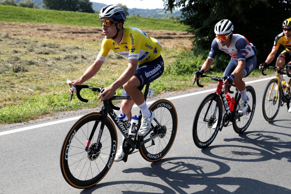 BUKOVINA RESORT POLAND AUGUST 12 Joo Pedro Gonalves Almeida of Portugal and Team Deceuninck QuickStep Yellow Leader Jersey during the 78th Tour de Pologne 2021 Stage 4 a 160km stage from Azoty Group Tarnw to Bukovina Resort 924m TourdePologne TDP2021 UCIWT on August 12 2021 in Bukovina Resort Poland Photo by Bas CzerwinskiGetty Images