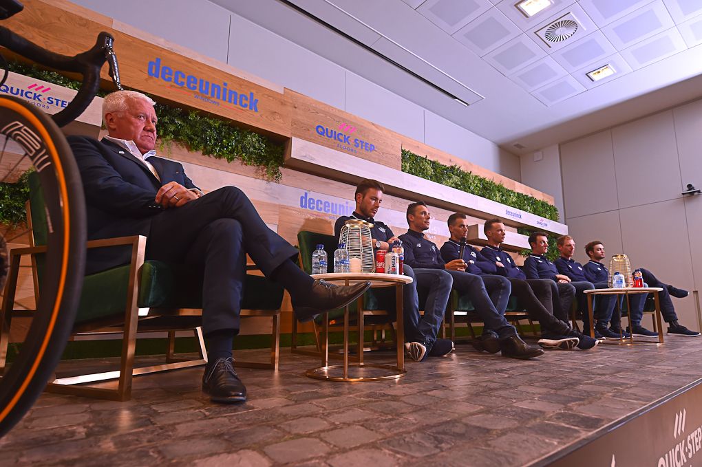 Patrick Lefevere and the Deceuninck-QuickStep roster for Paris-Roubaix at a press conference in Wielsbeke, Belgium