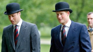 Prince Harry and Prince William attending wedding wearing top hats